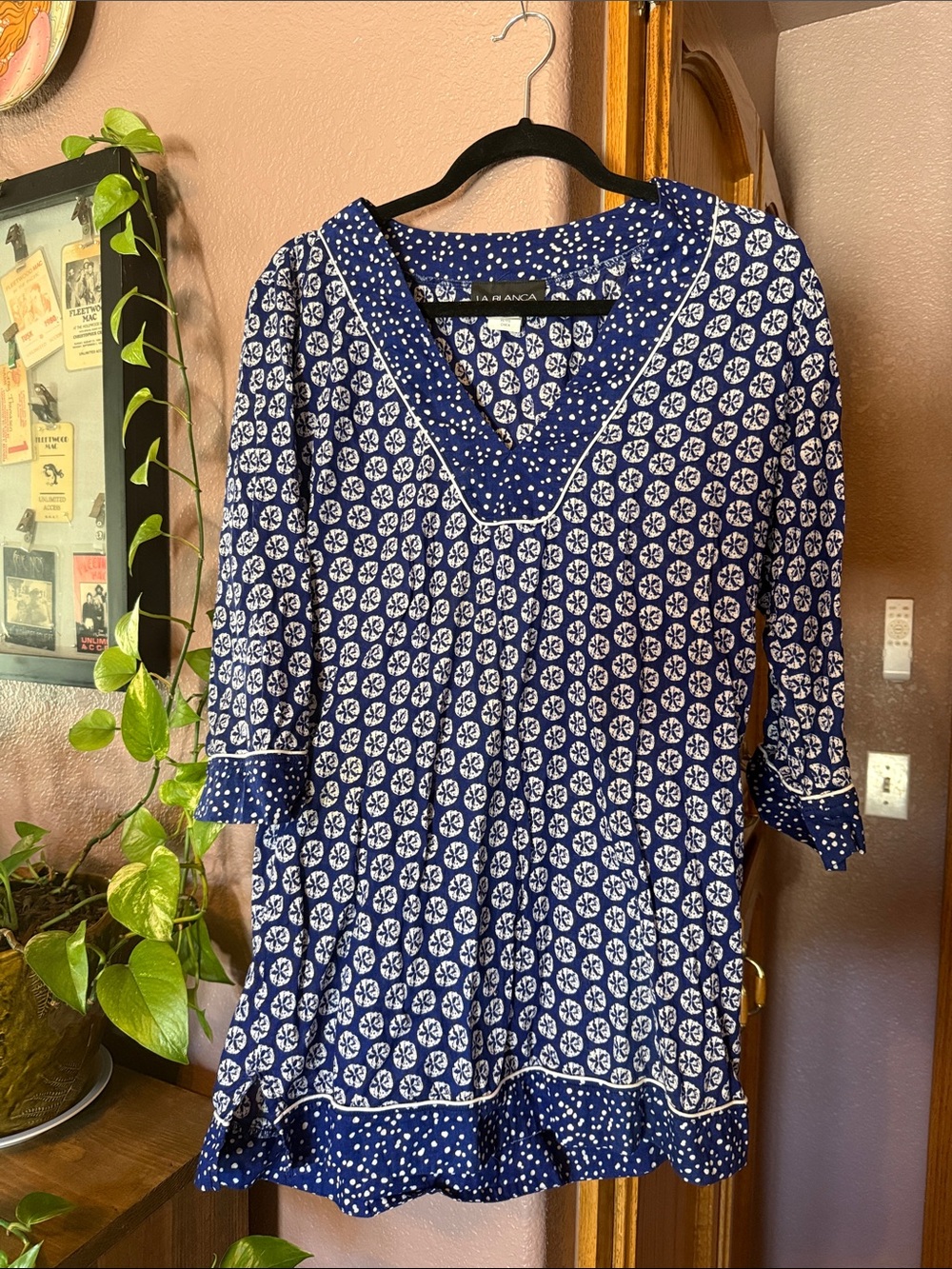 La Blanca Navy and White Printed V-Neck Tunic